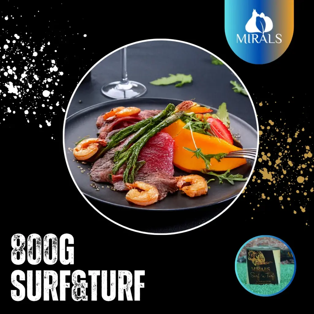 MIRALS Surf'n Turf von Kalb und Shrimp mit Spargel Erdbeer Jus und Papaya-Rucola Salat