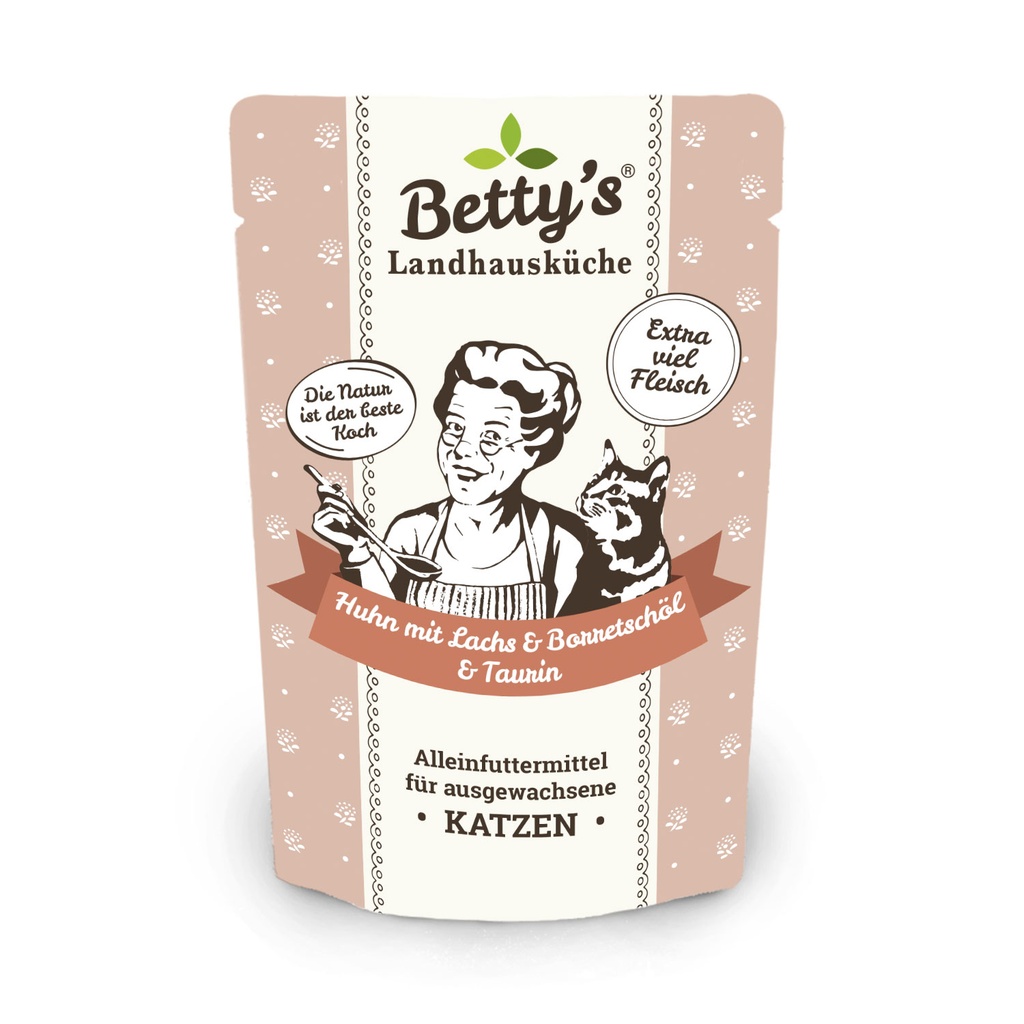 Betty´s Landhausküche Frischebeutel Katze Huhn mit  Lachs & Borretschöl (100 g)
