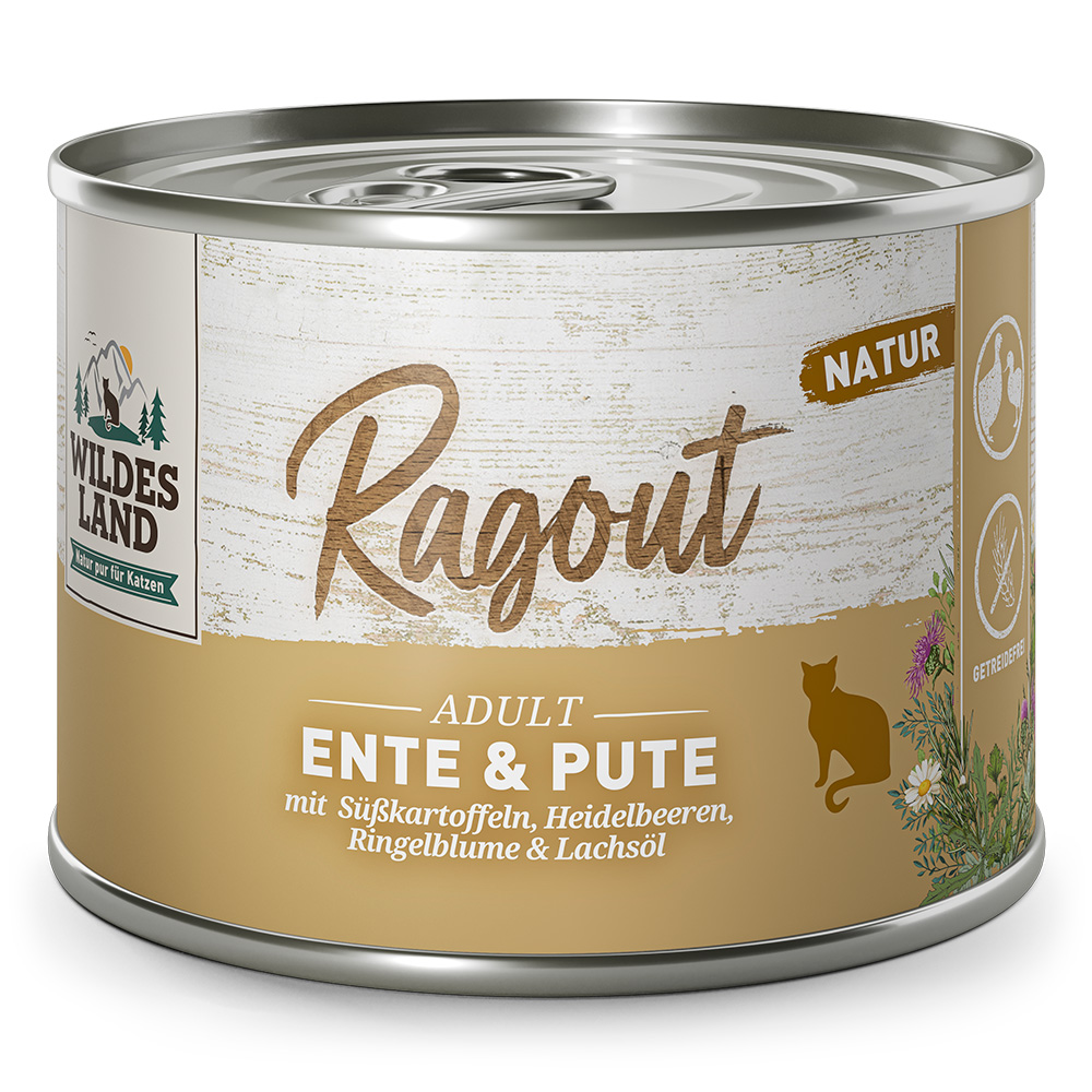 Wildes Land Ragout Ente & Plus mit Süßkartoffeln, Heidelbeeren, Ringelblume & Lachs 