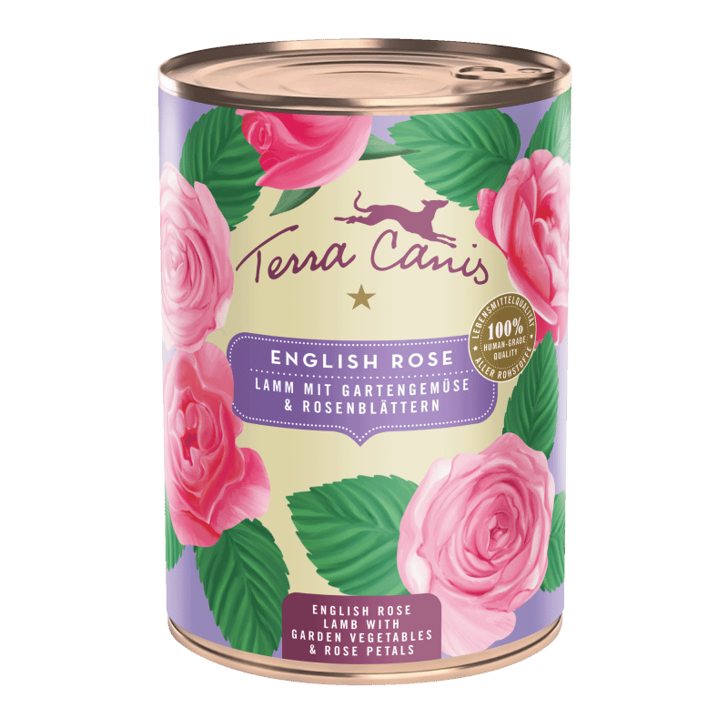 Terra Canis Flower Menu Englische Rose Lamm mit Gartengemüse und Rosenblättern