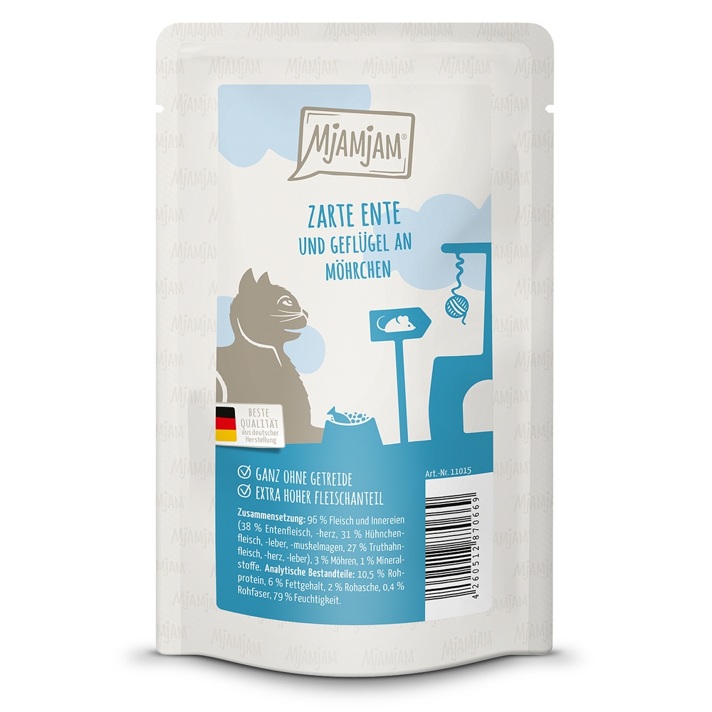 MjAMjAM Cat Quetschie Zarte Ente mit Geflügel & leckeren Möhrchen