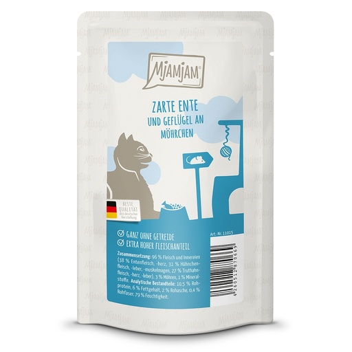 MjAMjAM Cat Quetschie Zarte Ente mit Geflügel & leckeren Möhrchen